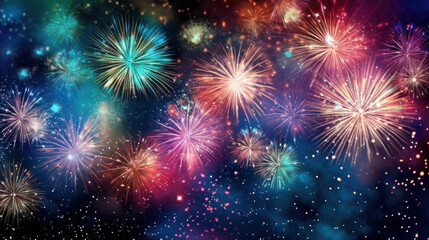 Colorful vibrant fireworks on a dark sky background. New Year's Eve concept