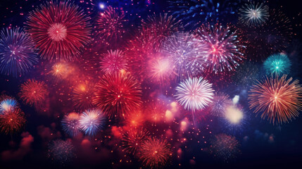 Fototapeta premium Colorful vibrant fireworks on a dark sky background. New Year's Eve concept