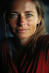 femme blonde la quarantaine en gros plan yeux clairs et souriante