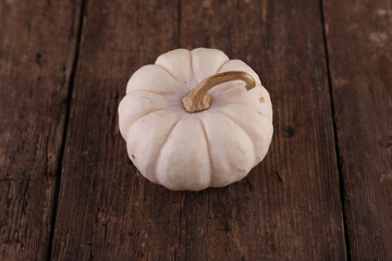 Small decorative pumpkin on a wooden background