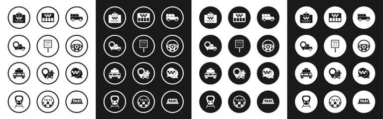 Set Car, Road sign for taxi stand, Location with, Taxi driver license, Steering wheel, Taximeter, call telephone service and car icon. Vector