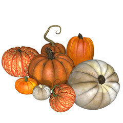 A 3d rendered illustration with piles of different pumpkins 