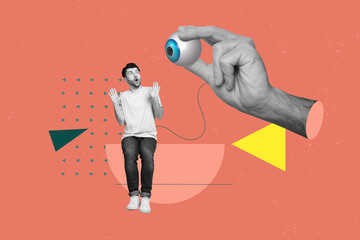 Poster collage of young scared man terrified reaction nervous foreigner absurd eyeball spying his...