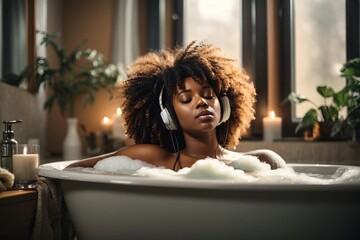 A beautiful sexy African American woman with her eyes closed relaxes in a bubble bath and listens...