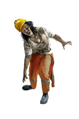 A scary construction worker zombie with blood and wounds on his body walking