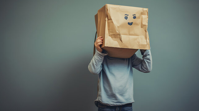 Sad little child holding paper bag over his head