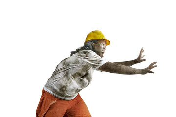 A scary construction worker zombie with blood and wounds on his body walking
