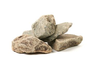 Set of sauna stones isolated on white background. Natural mineral rock porphyrite