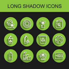 Set line Plastic bottle, Factory, Earth globe and plant, Plant in hand of environmental protection, Stop ocean plastic pollution, Recycling, and Recycle bin with recycle symbol icon. Vector