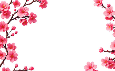 Pink cherry blossom branches frame on transparent background. 