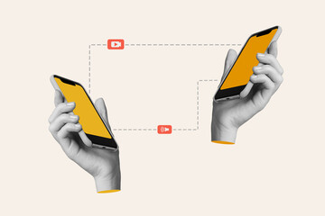 Collage image artwork of two human hands demonstrate two gadgets video audio message connection...