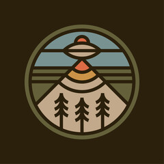 Mountain outdoor adventure circle emblem badge illustration with UFO