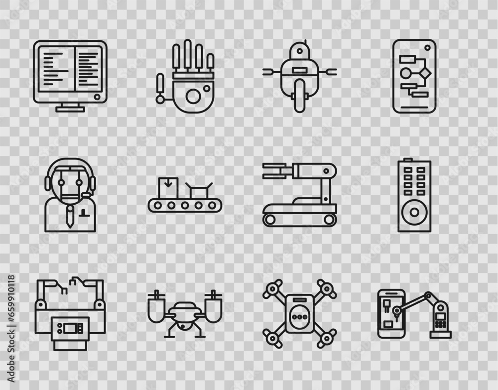 Poster set line assembly line, industrial machine robotic robot arm hand, robot, drone flying with action c