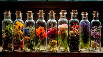 Tincture of herbs and flowers in a bottle. Generative AI. - obrazy, fototapety, plakaty