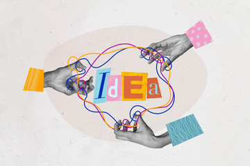 Collage artwork graphics picture of arms creating start up idea together isolated painting...