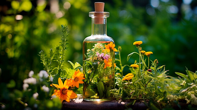 Tincture of herbs and flowers in a bottle. Generative AI.