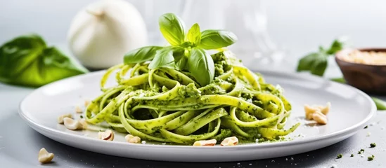 Foto op Canvas Traditional Italian pasta with pesto sauce made of pine nuts garlic basil Parmesan cheese olive oil served with tagliatelle Healthy and vegetarian With copyspace for text © 2rogan
