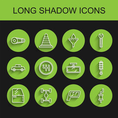 Set line Car door, Chassis car, Timing belt kit, mirror, muffler, Gear shifter, Shock absorber and icon. Vector