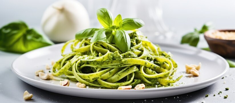 Traditional Italian pasta with pesto sauce made of pine nuts garlic basil Parmesan cheese olive oil served with tagliatelle Healthy and vegetarian With copyspace for text - Powered by Adobe
