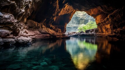 Flooded passage through a grotto in the mountains. Ancient cave of local tribes. Shelter formation in the rocky terrain with stalactites hanging from the top. Famous tourist location