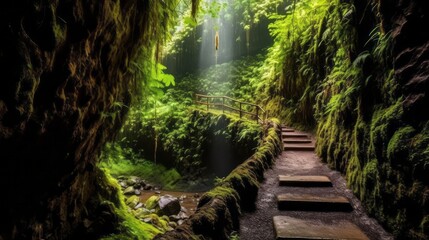 Fototapeta premium Зassage through rocks in a green rainforest. Ancient cave of local tribes. Shelter formation in the rocky terrain of the rainforest. Famous tourist destination. Ai generated.