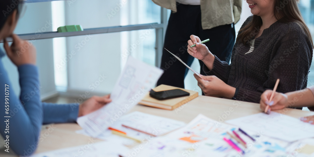 Wall mural creative digital development agency brainstorming about mobile app interface wireframe design on des