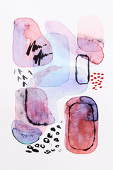 Abstract background. Watercolor ink multicolor art collage. Colorful stains, blots and brush strokes of acrylic paint on white paper.