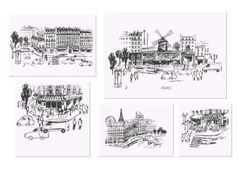 Hand drawn Paris urban sketch. City street vector illustration with buildings, landmarks, cafes, people, transport.