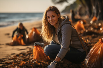 Young teenagers new generation is picking up plastic waste on the beach to eliminate plastic pollution - obrazy, fototapety, plakaty