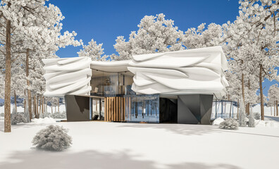 3d rendering of cute cozy modern house with bionic natural curves plastic forms with parking  and pool for sale or rent with beautiful landscape. Cool winter day with shiny white snow
