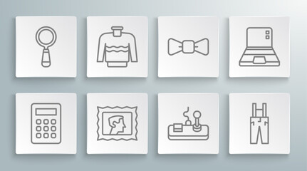 Set line Calculator, Sweater, Postal stamp, Gamepad, Pants with suspenders, Bow tie, Laptop and Magnifying glass icon. Vector