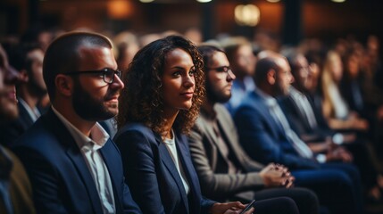 Professionals attending conference, watching presentation, fostering business knowledge exchange.