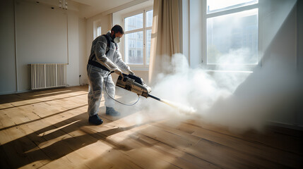 un homme en combinaison de protection vaporise l'intérieur d'un appartement avec de la vapeur pour lutter contre les punaises de lit - obrazy, fototapety, plakaty