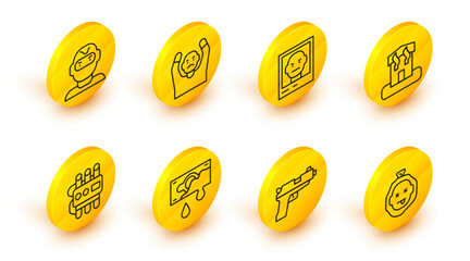 Set line Murder, Pistol or gun, Bloody money, Dynamite and timer clock, Arson home, Wanted poster, Thief surrendering hands up and mask icon. Vector