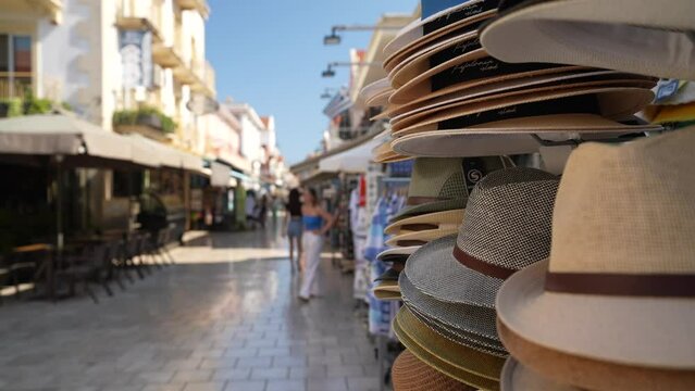 View of shops and stalls on main street in Argostolion (Argostoli) Kefalonia (Cephalonia), Ionian Islands, Greek Islands