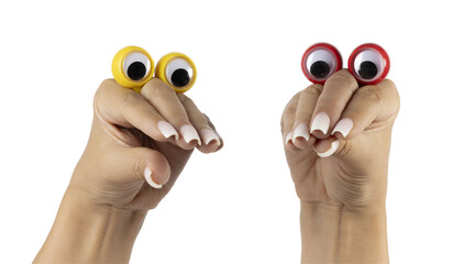 Adult female hands with long square ombre manicured nails, with beady eyes making funny meme gestures. Isolated cutout on a transparent background.
