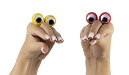 Adult female hands with long square ombre manicured nails, with beady eyes making funny meme gestures. Isolated cutout on a transparent background.