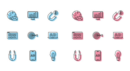 Set line Magnet, Advertising, Earth globe with mail, Light bulb concept of idea, Target, Browser setting and Monitor graph chart icon. Vector