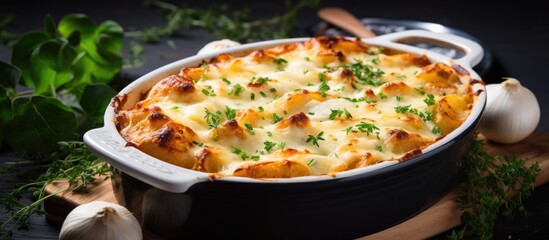 Turkish dish Baked pasta with bechamel sauce melt mozzarella white dish table With copyspace for text