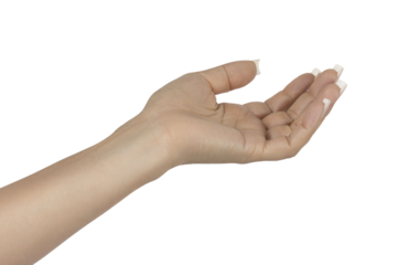 Adult female hand with long square ombre manicured nails, reaching out to except or grap somwthing. Isolated cutout on a transparent background.