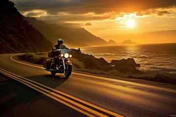 traveling on a motorcycle in nature. a man travels on his motorcycle along the coastal sea road