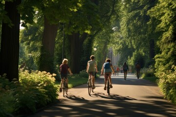 Three people are riding bicycles in the park. a walk through the forest and flowering park. healthy lifestyle
