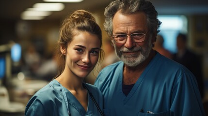 Close up portrait of middle aged male doctor and young female clinician or nurse in blue uniform. Two positive smiling medical employees with confident looks. Teamwork and experience share concept.