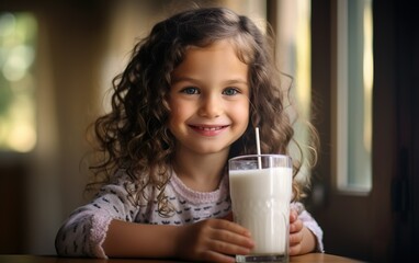 A happy cute girl with a glass of milk. Blurred kitchen background. Organic healthy food concept.