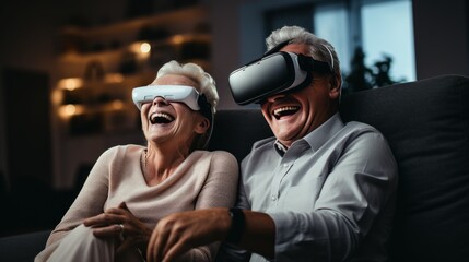 Senior mature couple wearing virtual reality headsets sits on the sofa having fun together. Happy retired people using modern VR goggle glasses. New trends and technology concept for all ages.