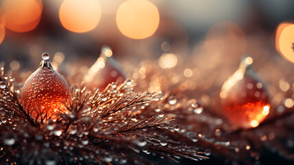 Árbol de navidad en formato Macro. Bolas de Navidad, rama de árbol de navidad. Bokeh. Background. Macro - obrazy, fototapety, plakaty