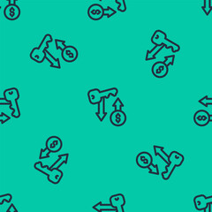 Blue line Rent key icon isolated seamless pattern on green background. The concept of the house turnkey. Vector