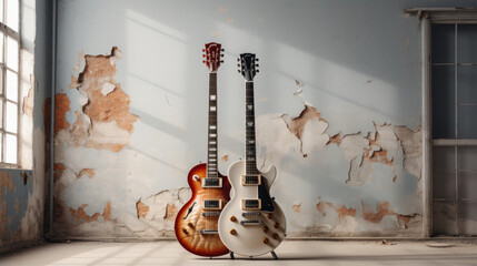 Guitar propped in front of wall as background. Loft interior
