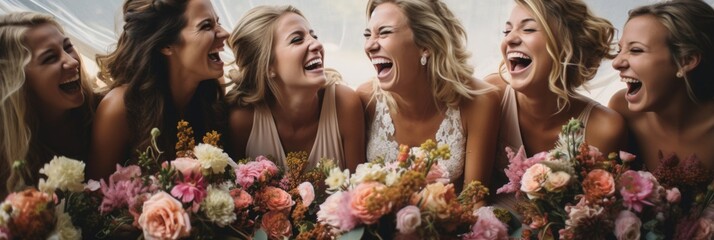 The woman getting married and her bridesmaids - obrazy, fototapety, plakaty