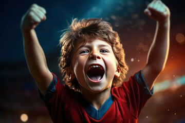 Soccer boy. Little goalkeeper is celebrating after successful football match. Junior football or soccer player at stadium in flashlight. Young male sportive model training. Moment of win celebrating.